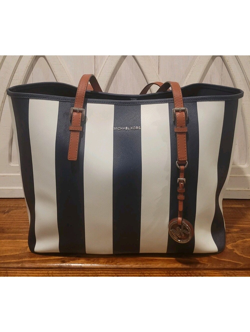 Michael Kors Large Navy Blue Striped Saffiano Leather Tote Shoulder Bag Nautical